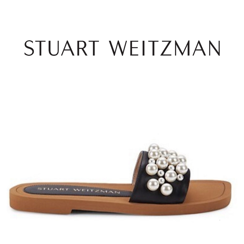 Stuart Weitzman Goldie Faux Pearl-Studded Leather Slides Size 9 Authentic - Picture 5 of 9